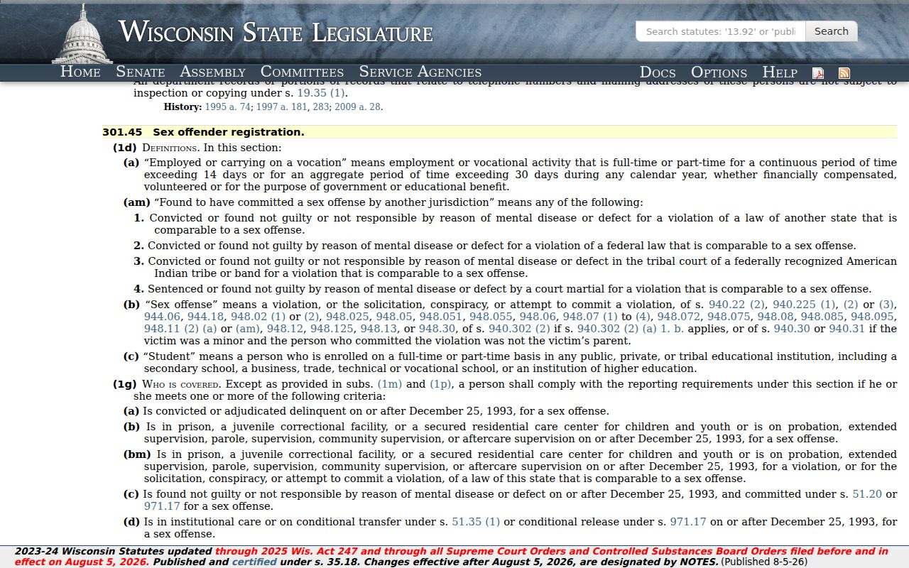 Wisconsin sex offender registration statute governing Jackson County records