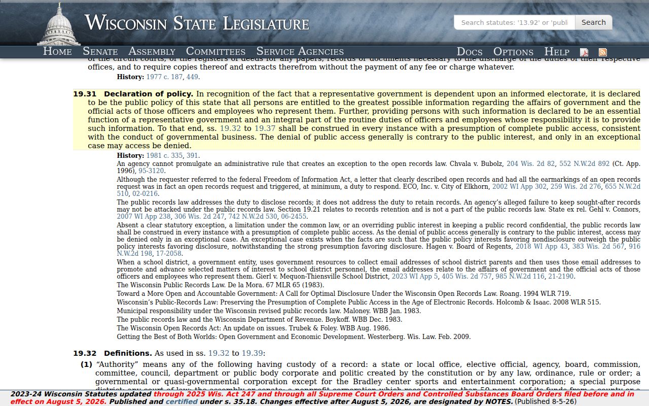 Wisconsin Public Records Law page used for Merrillan record access