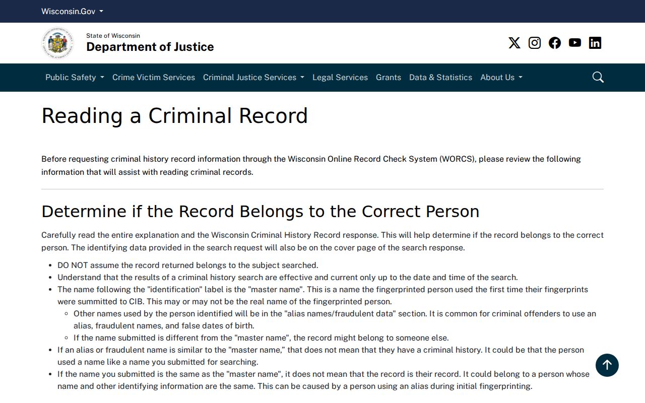 Reading a Wisconsin DOJ Jackson County criminal history record